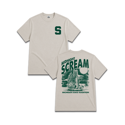 Beige Michigan State University Spartans, unisex tee, Block S front, Midnight scream text and dorm building back. 