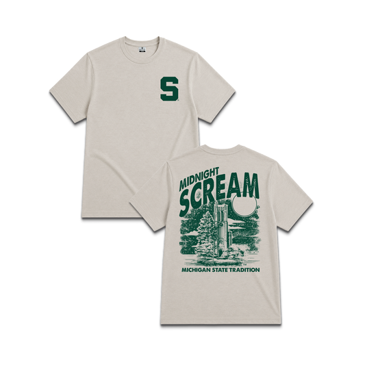 Beige Michigan State University Spartans, unisex tee, Block S front, Midnight scream text and dorm building back. 