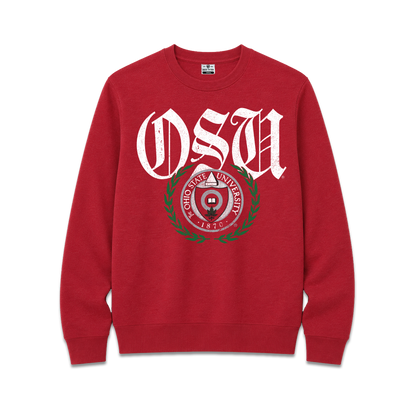 Red Ohio State University unisex sweatshirt, OSU olde english text, OSU crest, vines