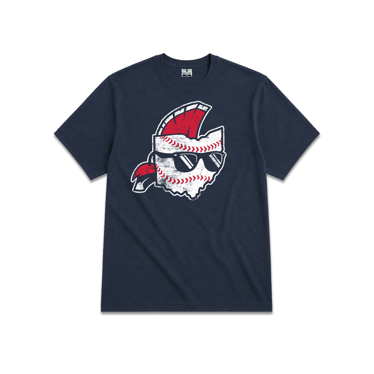 Navy Ohio unisex tee, baseball in the shape of Ohio wearing sunglasses, with a mohawk.
