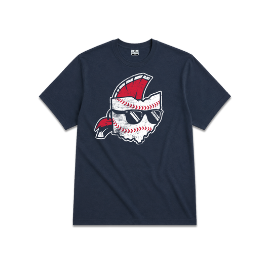 Navy Ohio unisex tee, baseball in the shape of Ohio wearing sunglasses, with a mohawk.
