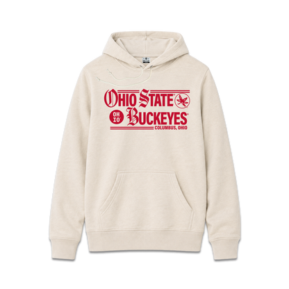 Beige Ohio State University unisex hoodie, Ohio State Buckeyes text, Buckeye leaf decal, OH - IO, Columbus, OH.