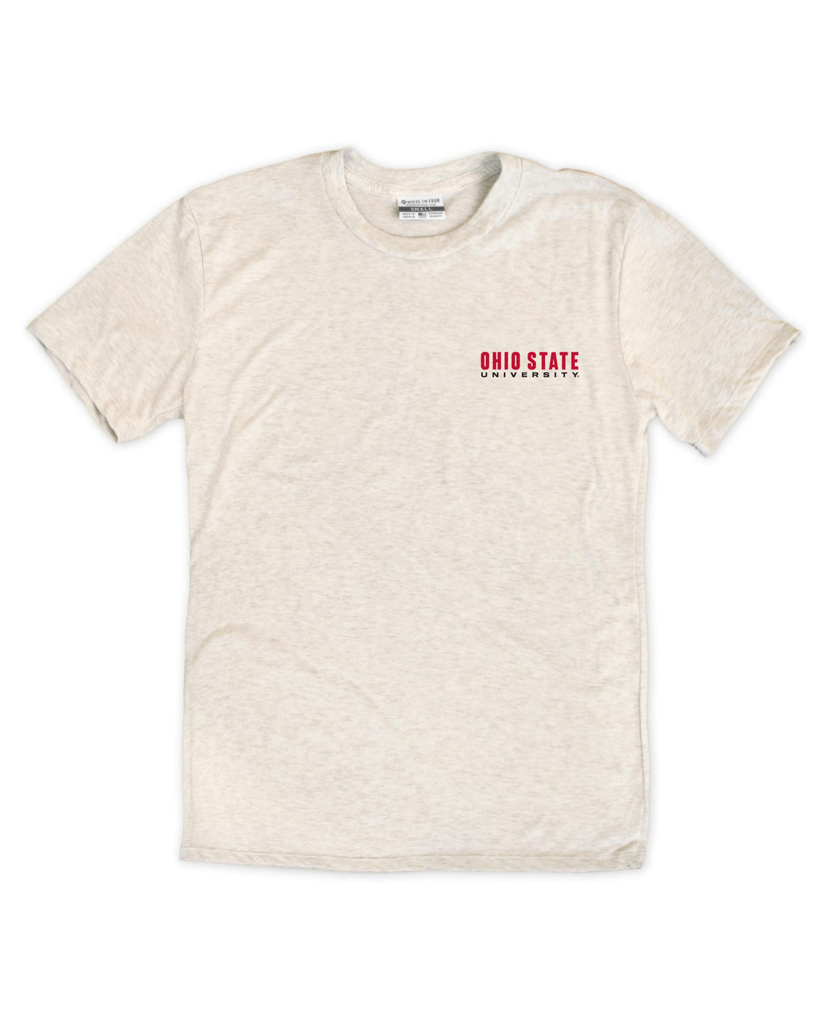 Beige Ohio State University unisex tee, Ohio State university text on front left