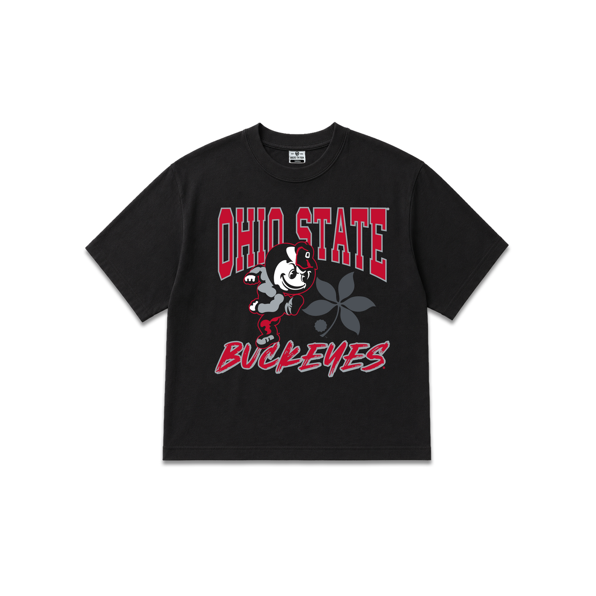 Black OSU women's cropped tee, Ohio State Buckeyes, Heritage Brutus, Buckeye leaf