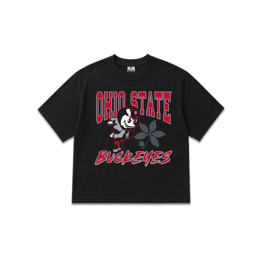 Black OSU women's cropped tee, Ohio State Buckeyes, Heritage Brutus, Buckeye leaf