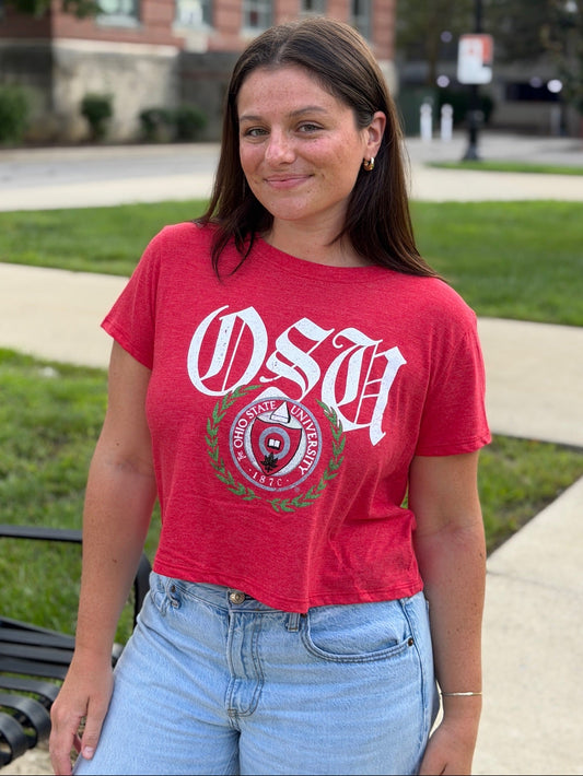 Ohio state university, osu crest, red womens cropped tee