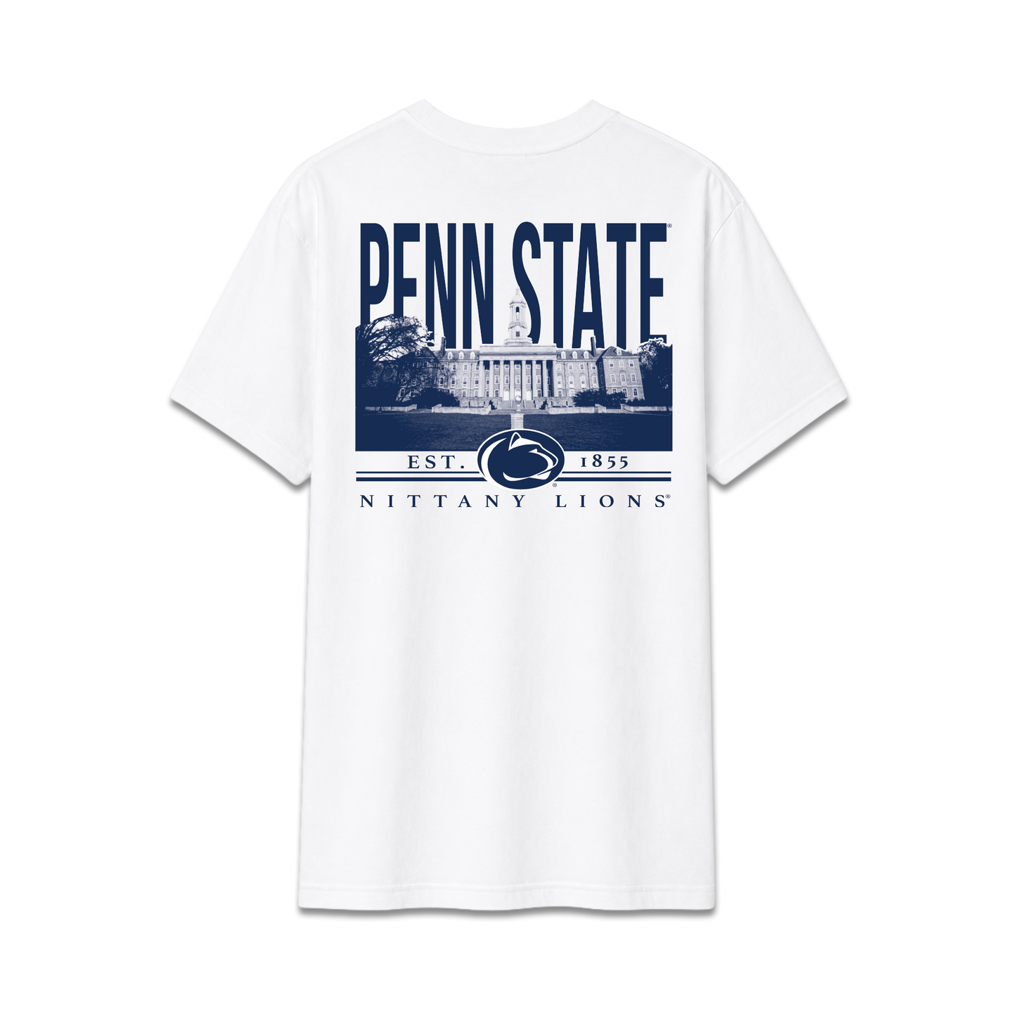 White Penn State University Nittany Lions, unisex cotton tee, campus building, back design.