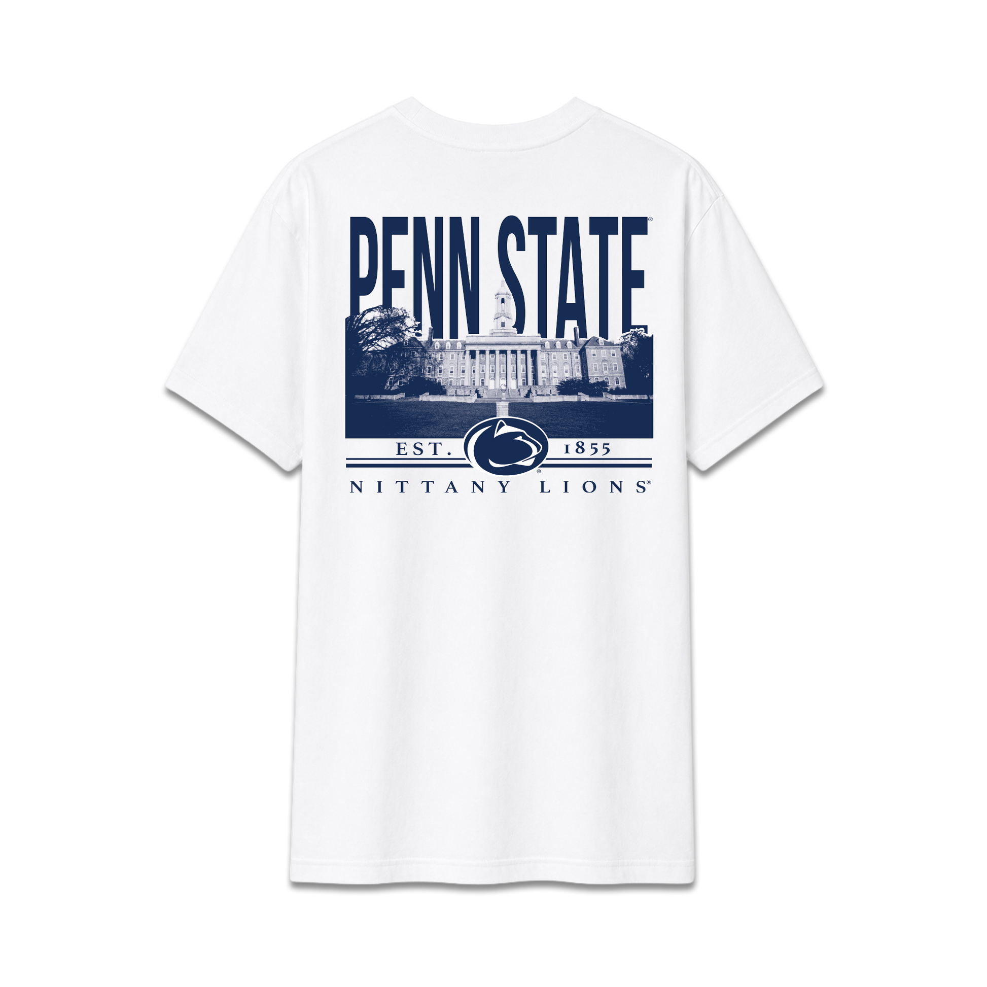 White Penn State University Nittany Lions, unisex cotton tee, campus building, back design.