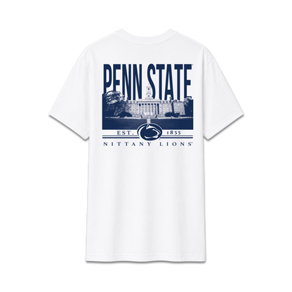 White Penn State University Nittany Lions, unisex cotton tee, campus building, back design.