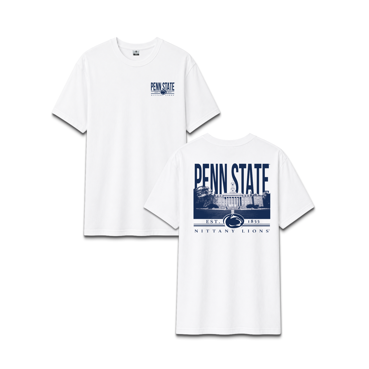 White Penn State University Nittany Lions, unisex cotton tee, campus building, front and back design.