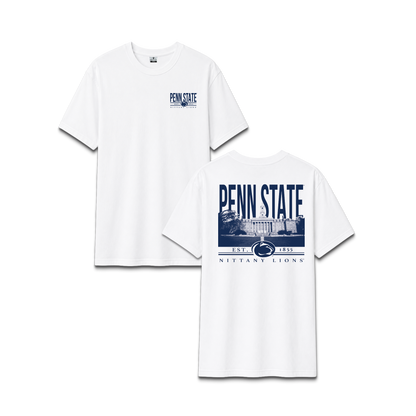 White Penn State University Nittany Lions, unisex cotton tee, campus building, front and back design.