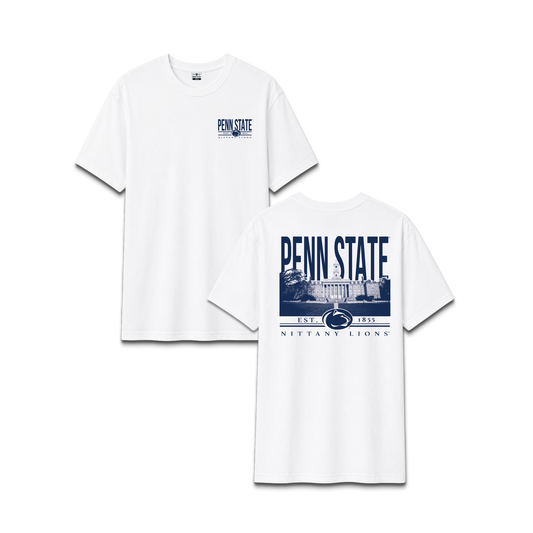 White Penn State University Nittany Lions, unisex cotton tee, campus building, front and back design.