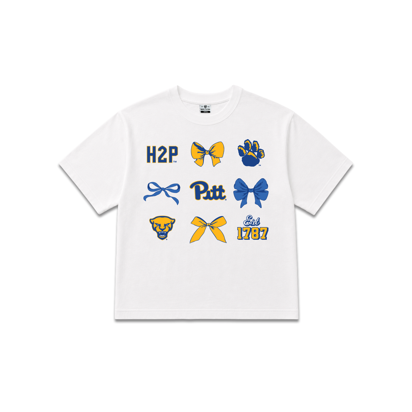 White University of Pittsburgh Panthers, Womens oversized cropped tee, H2P, Bows, Pitt icons, panther logo.