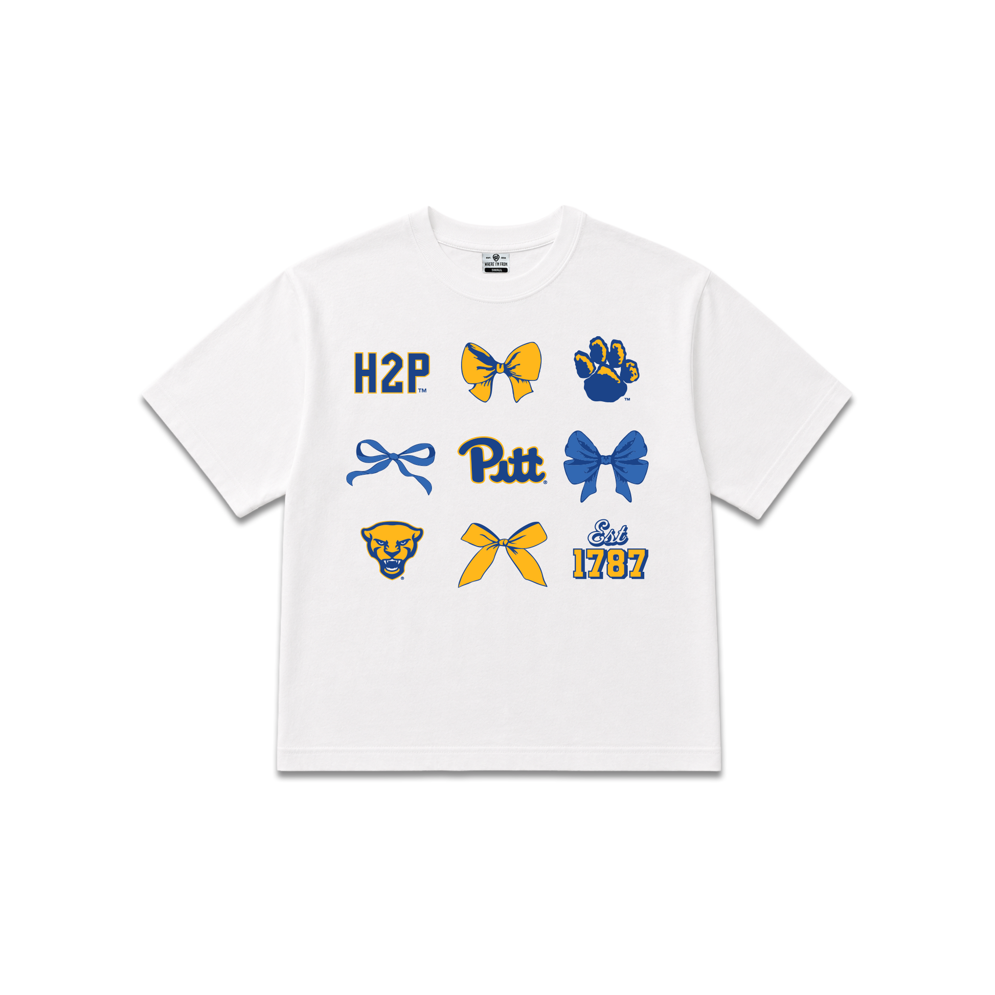 White University of Pittsburgh Panthers, Womens oversized cropped tee, H2P, Bows, Pitt icons, panther logo.