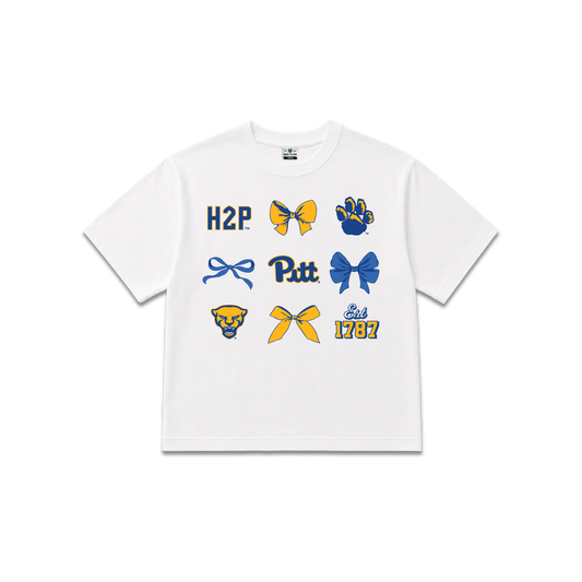 White University of Pittsburgh Panthers, Womens oversized cropped tee, H2P, Bows, Pitt icons, panther logo.