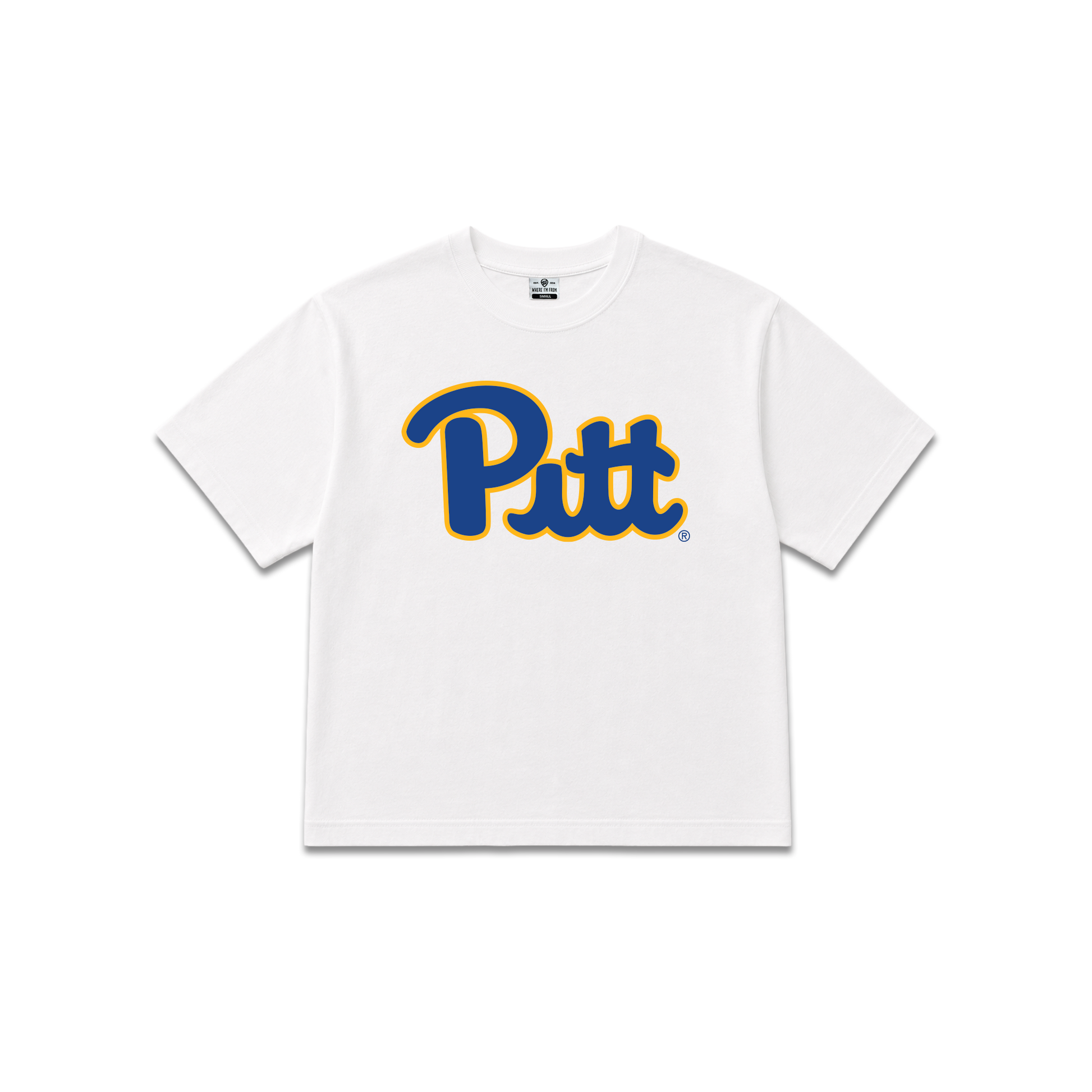 White University of Pittsburgh Panthers, womens oversized cropped tee, Pitt script.