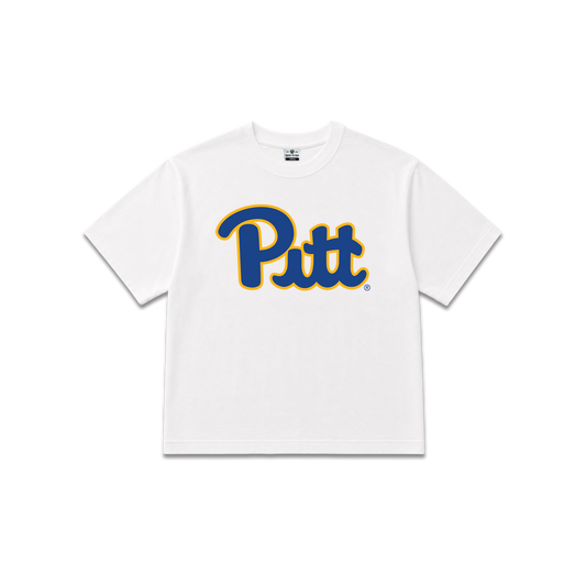 White University of Pittsburgh Panthers, womens oversized cropped tee, Pitt script.