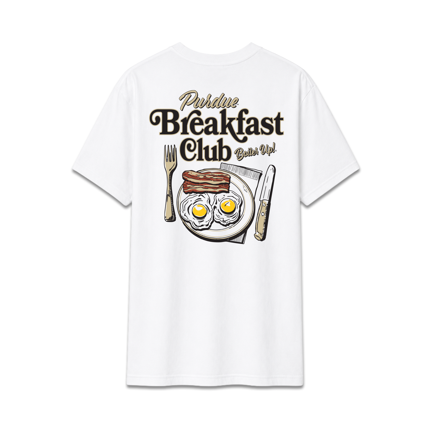 White Purdue University Breakfast Club, unisex cotton tee, eggs and bacon plate, back design