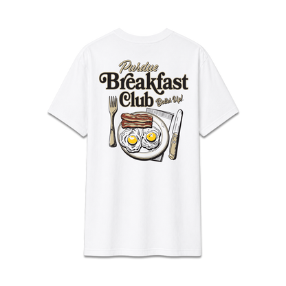 White Purdue University Breakfast Club, unisex cotton tee, eggs and bacon plate, back design