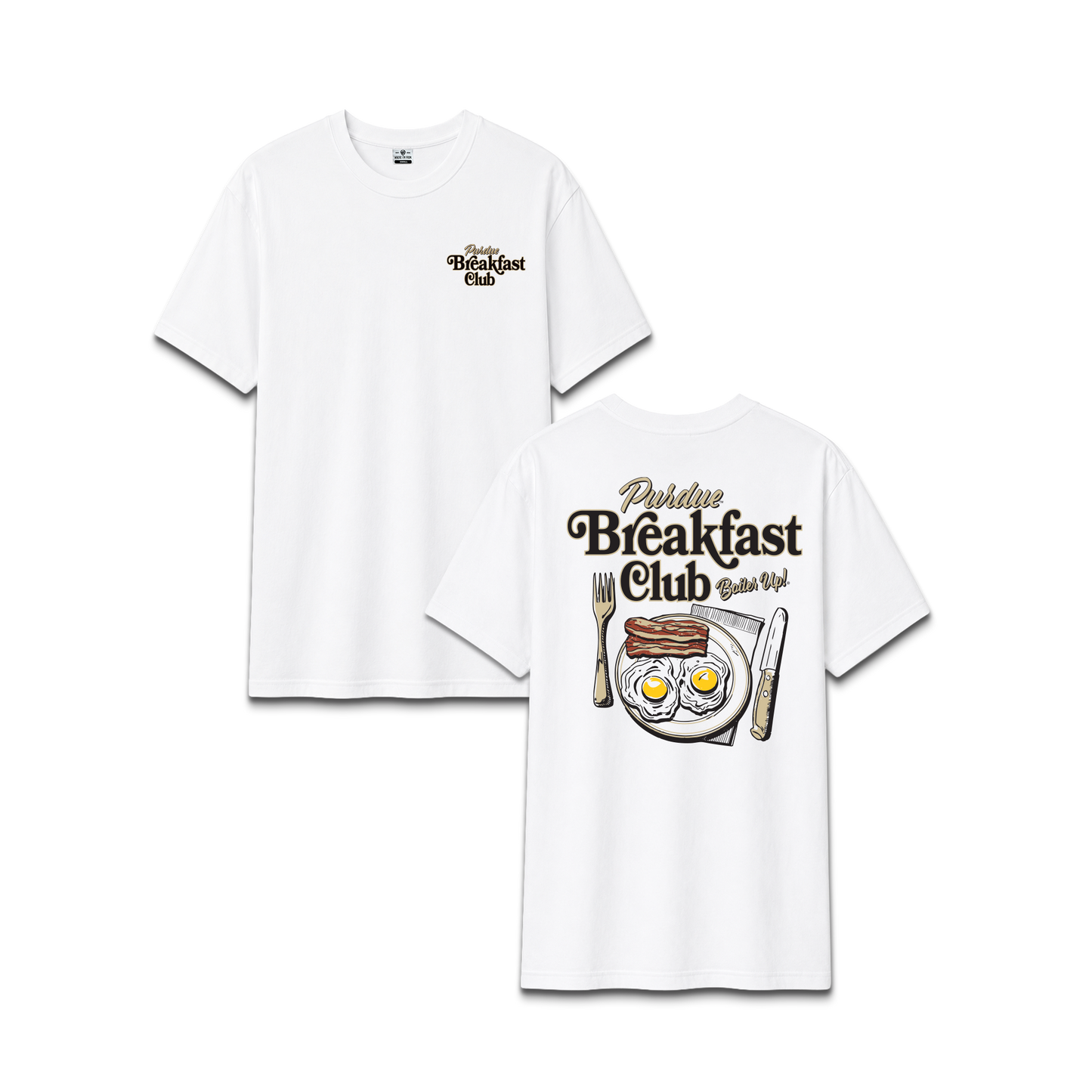 White Purdue University Breakfast Club, unisex cotton tee, eggs and bacon plate, front and back design
