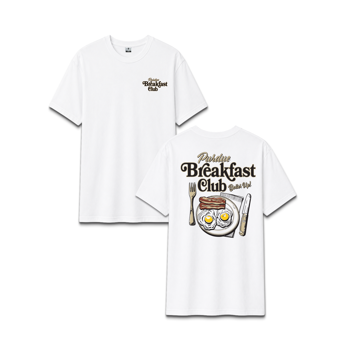 White Purdue University Breakfast Club, unisex cotton tee, eggs and bacon plate, front and back design