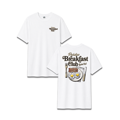 White Purdue University Breakfast Club, unisex cotton tee, eggs and bacon plate, front and back design