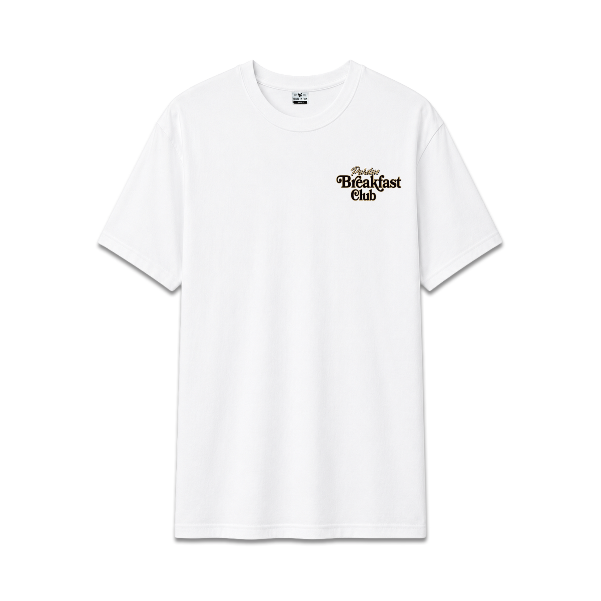 White Purdue University Breakfast Club, unisex cotton tee, front print.