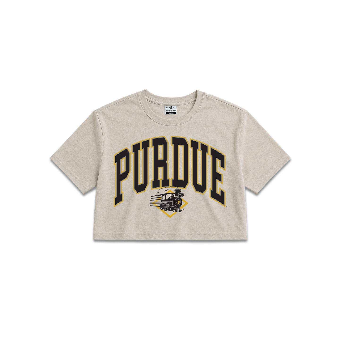 Beige Purdue University Boilermakers, womens cropped tee, Purdue arch text, train.