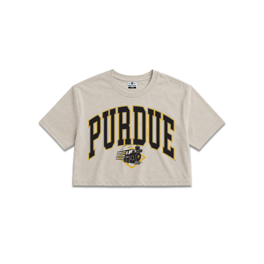 Beige Purdue University Boilermakers, womens cropped tee, Purdue arch text, train.