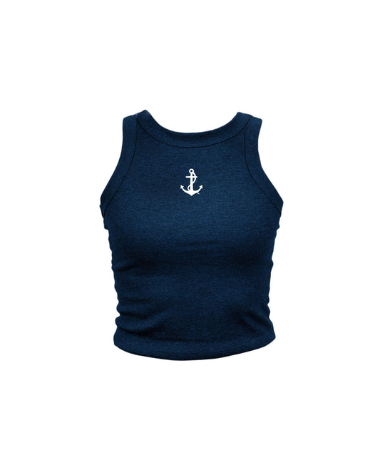 A navy blue tank top featuring a small white anchor graphic embroidered on the center chest, displayed against a solid white background.