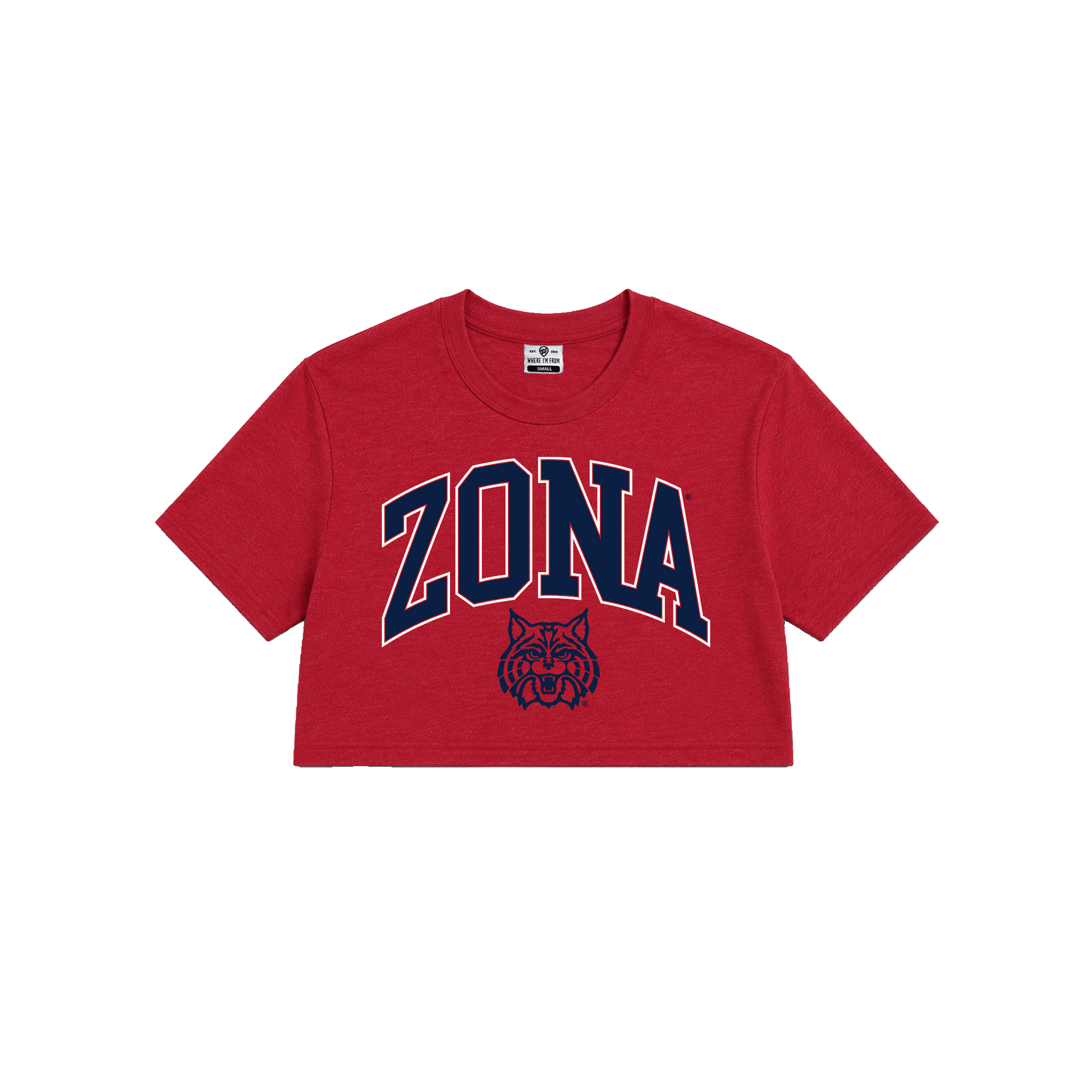 Red University of Arizona wildcats, cropped womens tee, ZONA oversized text, wildcat logo.
