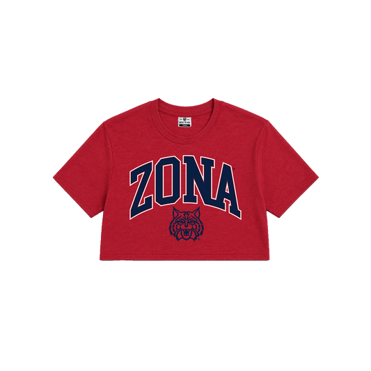 Red University of Arizona wildcats, cropped womens tee, ZONA oversized text, wildcat logo.
