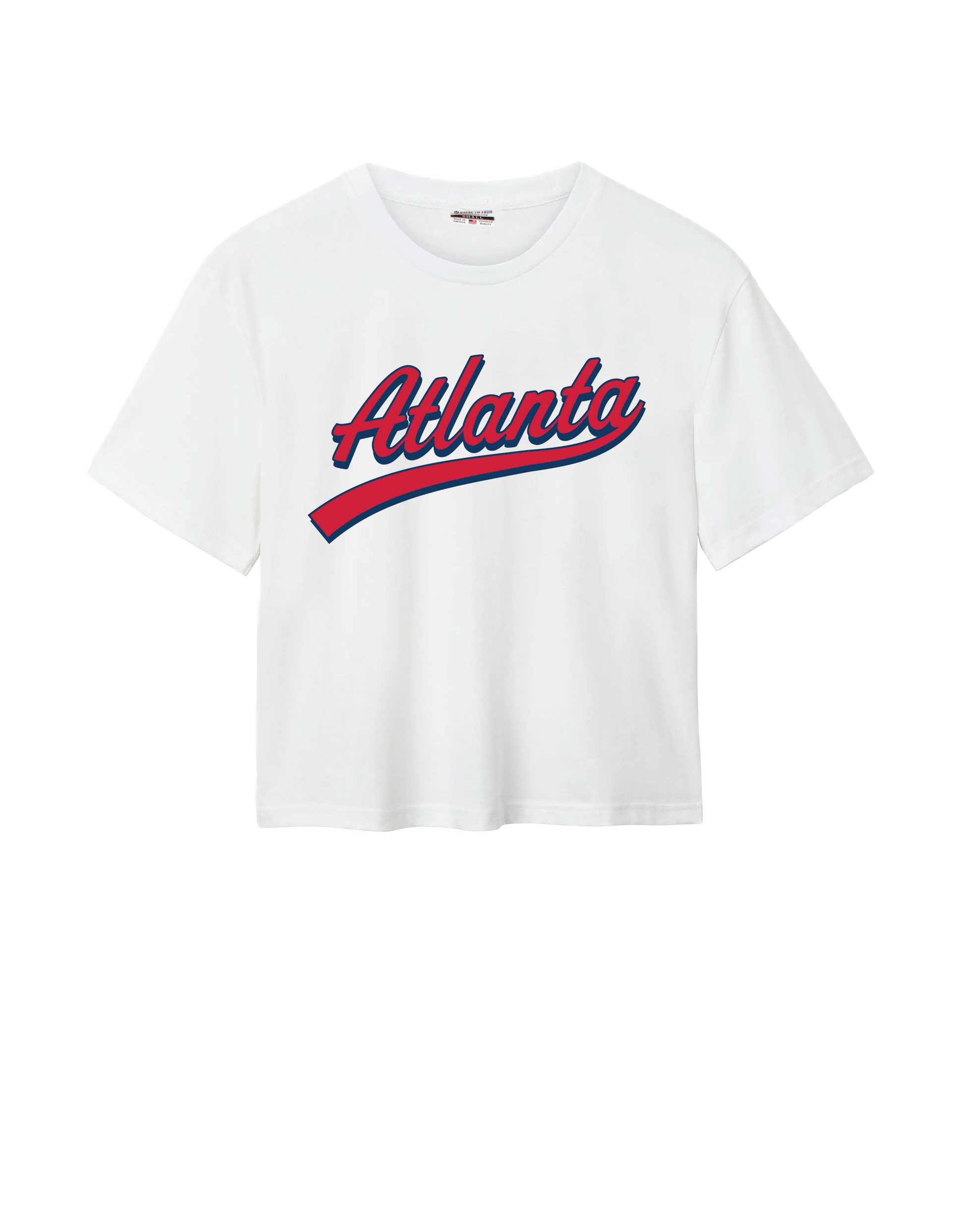 White women's easy t-shirt with 'Atlanta' printed in red and blue in script font