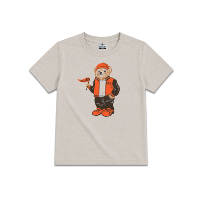 Beige Cleveland Ohio youth tee, bear with CLE varsity jacket, holding Cleveland pennant