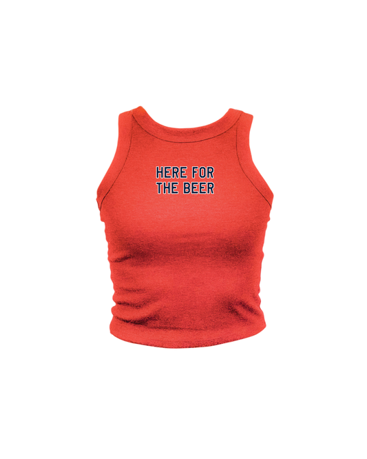 Red tank top with 'HERE FOR THE BEER' text