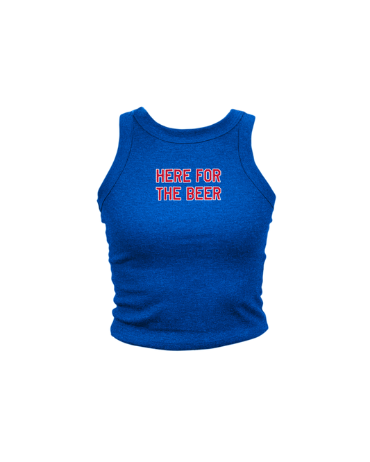 Blue tank top with 'HERE FOR THE BEER' text