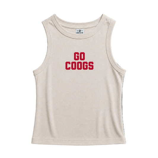 beige university of houston womens cropped tank, go coogs text