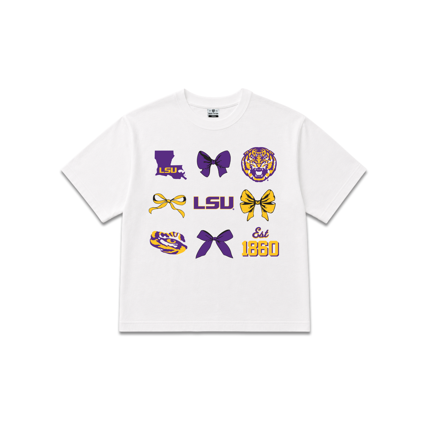 White Louisiana State University Tigers, womens oversized cropped tee, bows, LSU icons, Tiger head, est. 1860.