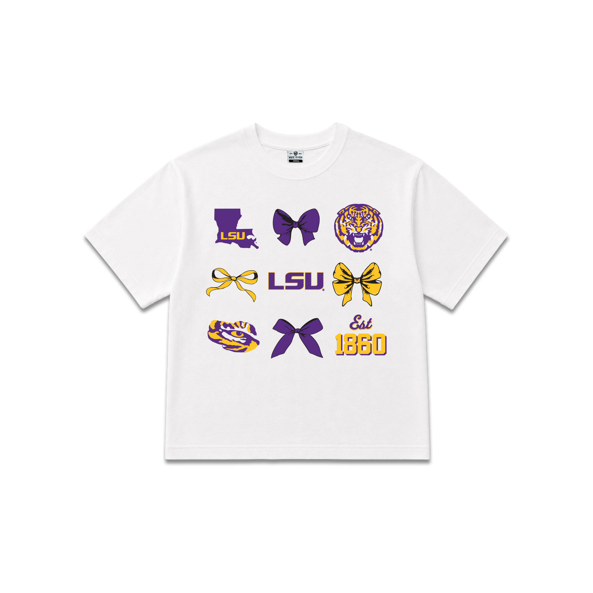 White Louisiana State University Tigers, womens oversized cropped tee, bows, LSU icons, Tiger head, est. 1860.