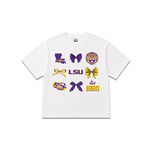 White Louisiana State University Tigers, womens oversized cropped tee, bows, LSU icons, Tiger head, est. 1860.