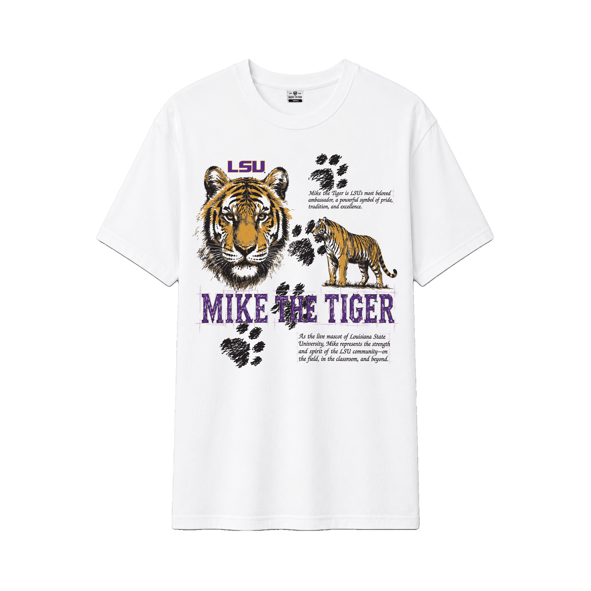 White LSU Mike the Tiger Unisex cotton tee, paw prints.