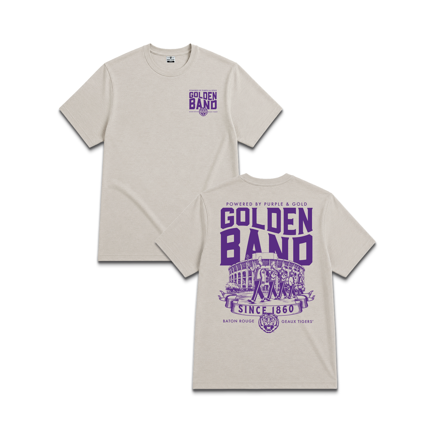 Beige Louisiana State University Tigers, unisex tee, Golden band since 1860, marching band and football stadium. 