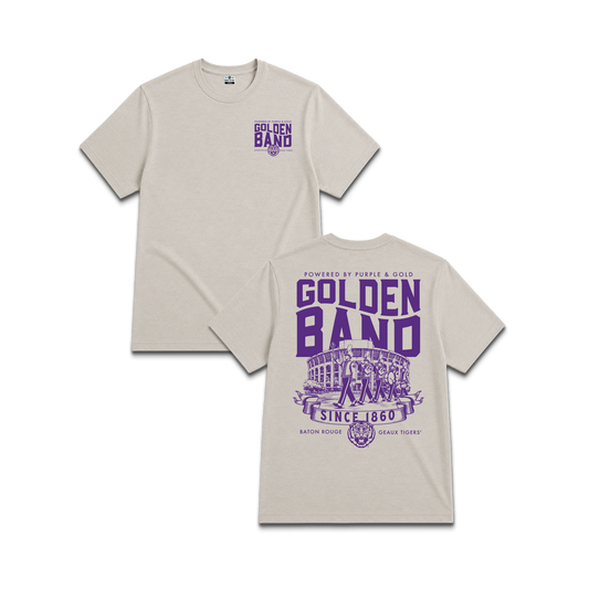 Beige Louisiana State University Tigers, unisex tee, Golden band since 1860, marching band and football stadium. 