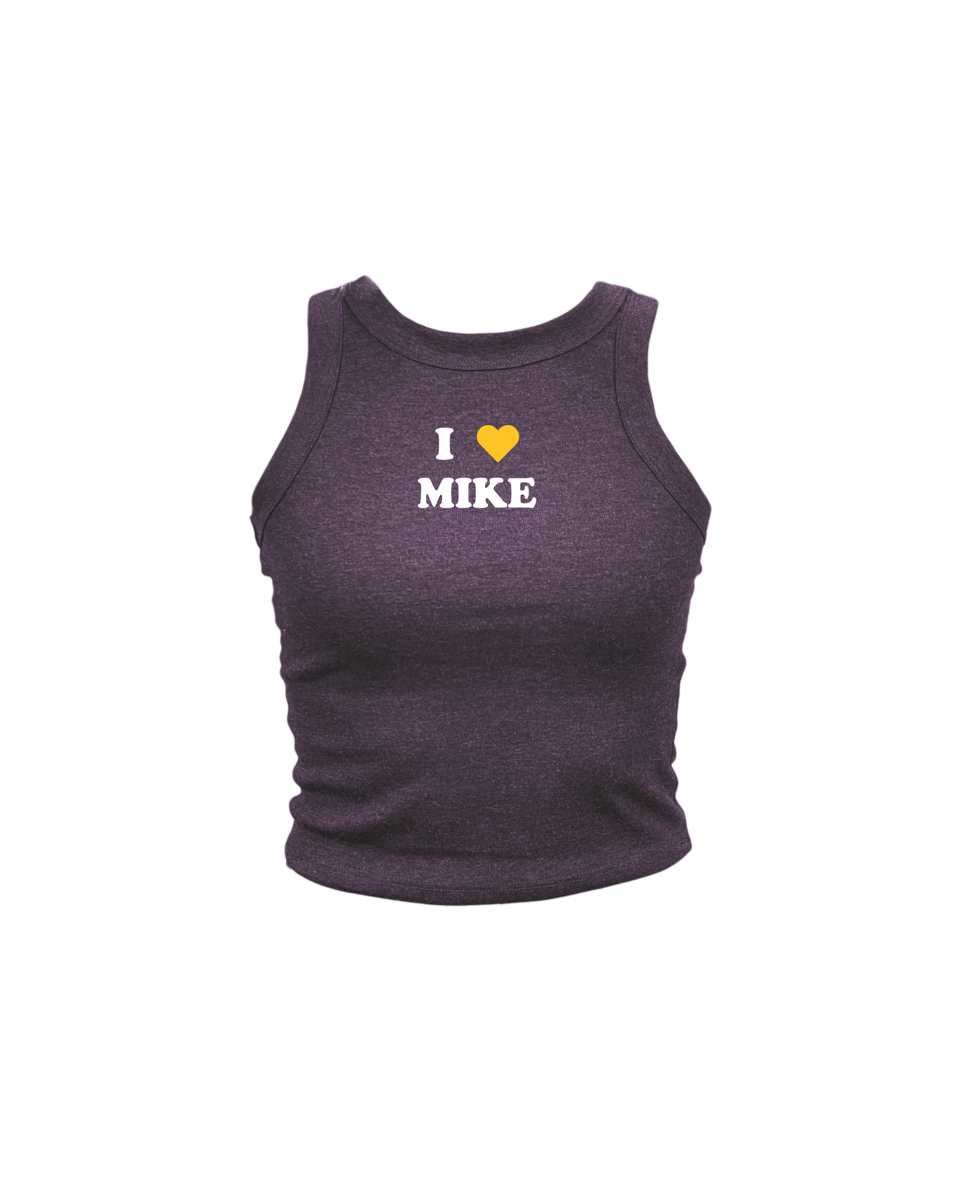 Purple Louisiana State University, womens cropped tank top, I heart Mike text.