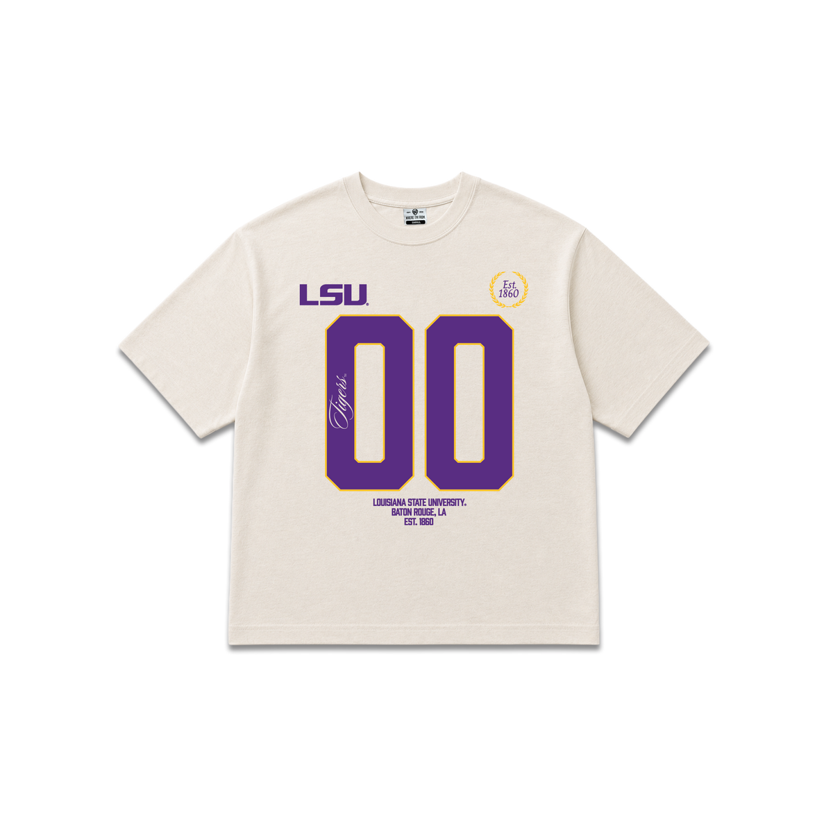 Beige Louisiana State University, womens oversized cropped tee, simple jersey 00, tigers script, est. 1860.