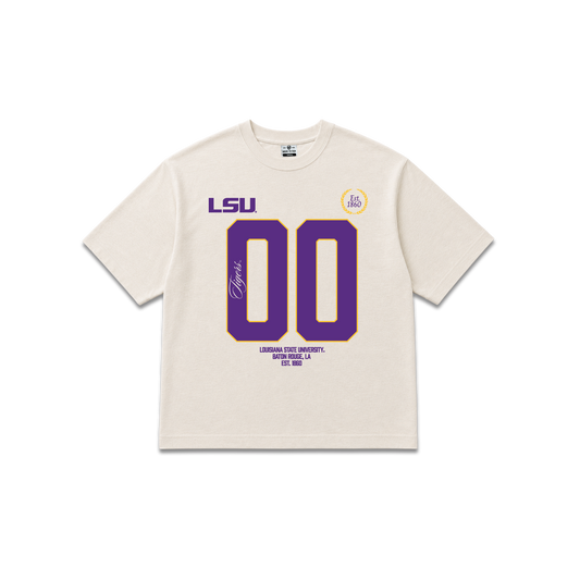 Beige Louisiana State University, womens oversized cropped tee, simple jersey 00, tigers script, est. 1860.