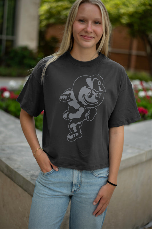 Black Ohio State University women's cropped tee, Heritage Brutus Logo