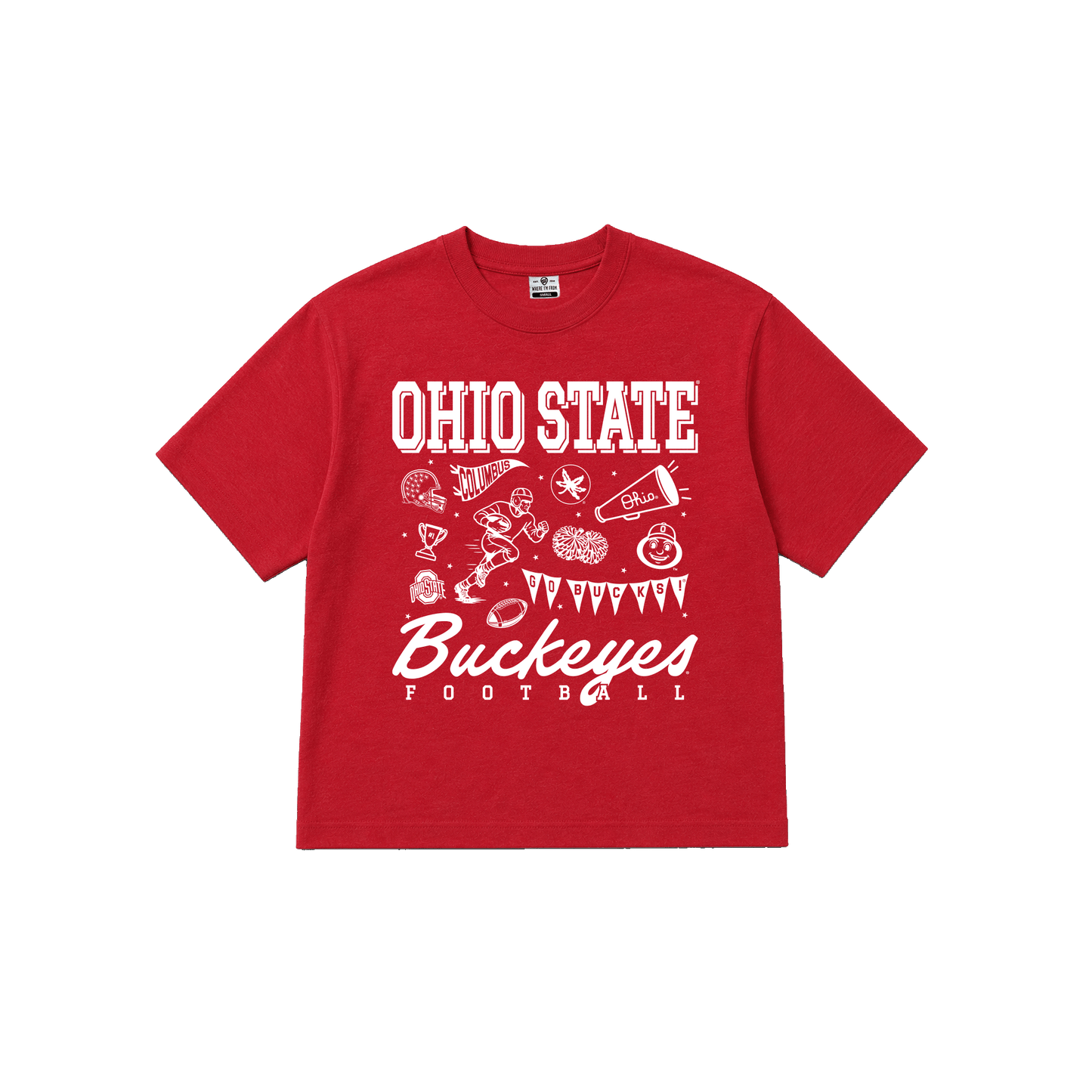 Ohio State University, red women's cropped tee, football icons