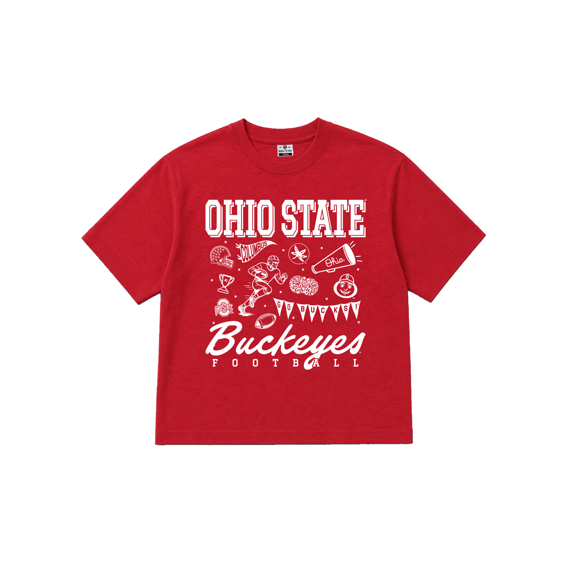 Ohio State University, red women's cropped tee, football icons
