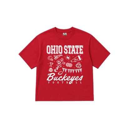 Ohio State University, red women's cropped tee, football icons